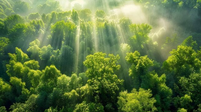 Sun rays pierce through forest canopy, casting a mystical glow over the lush woodland landscape