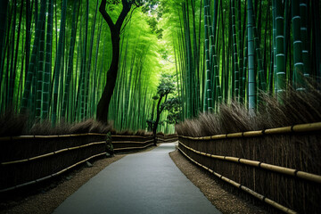 Fototapeta premium A long suspension bridge made of wooden planks extending through a dense forest made with generative AI