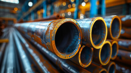 Stack of steel pipes in a metallurgical plant, factory or workshop. Heavy industry and iron materials,generative ai - obrazy, fototapety, plakaty