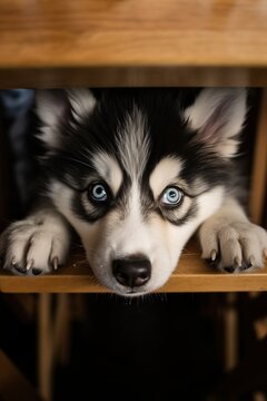 Siberian husky puppy with blue eyes peaking out between desk