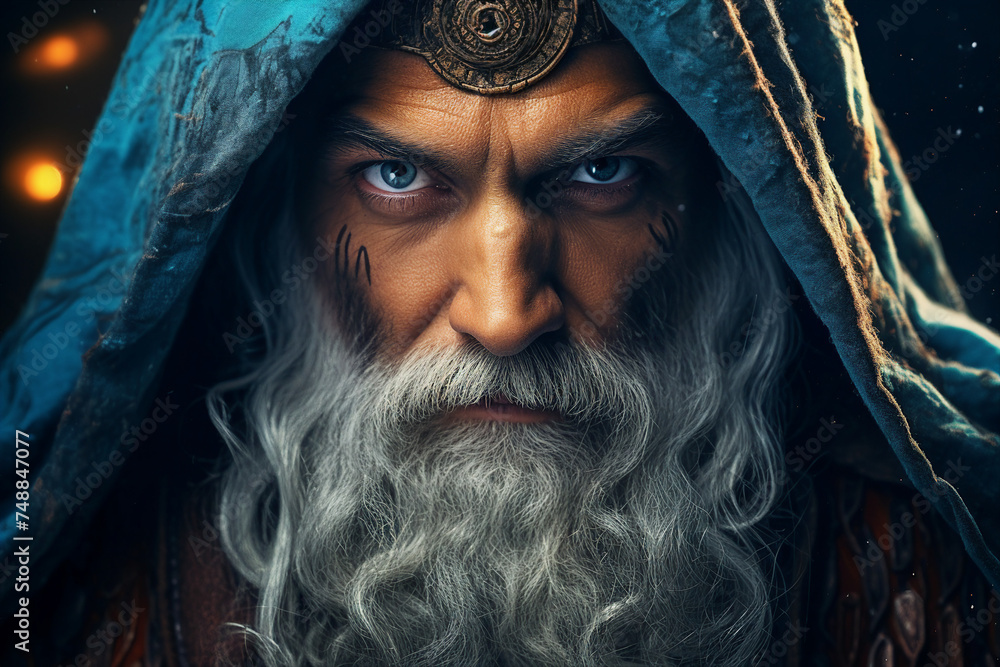 Wall mural digital generative ai collage image of old wise wizard doing spell
