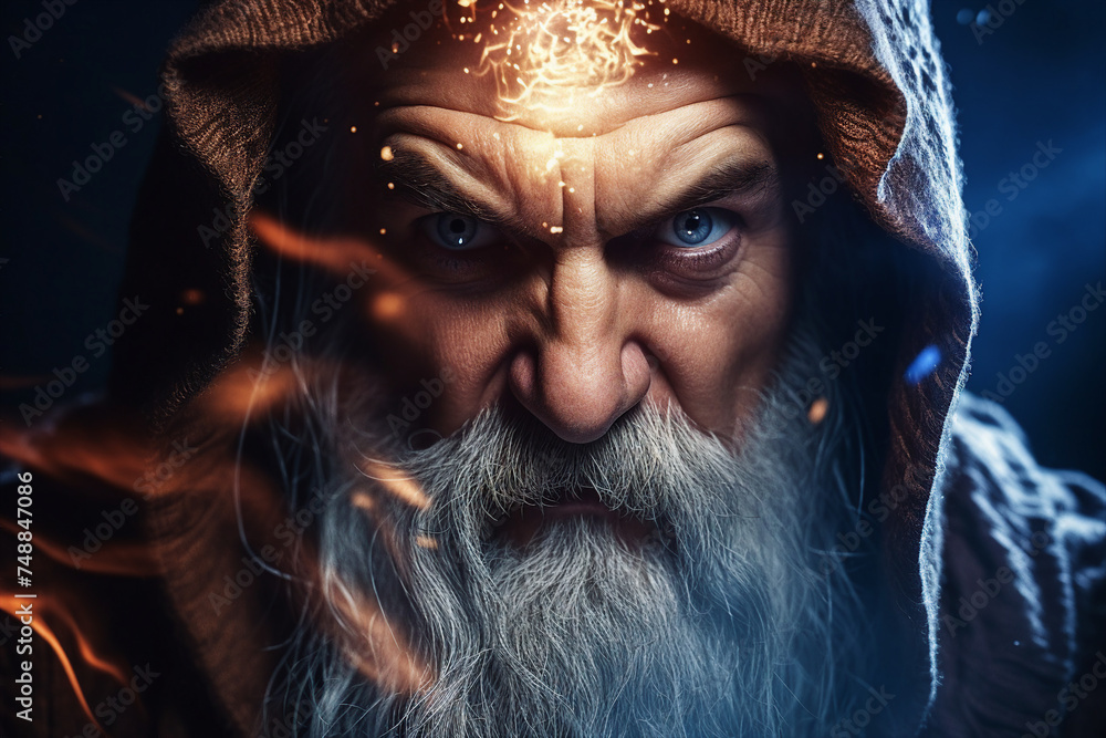 Wall mural digital generative ai collage image of old wise wizard doing spell
