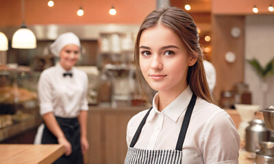 A café worker, elegantly dressed in a white shirt and red apron, stands amidst the cozy ambiance of a modern café. 