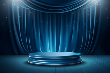 empty stage with blue curtains, ready for a performance or presentation. The central circular stage is illuminated by a spotlight