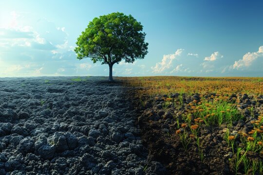 An evocative image of a solitary tree standing resilient on a cracked and barren landscape under an expansive blue sky