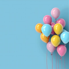 cheerful bunch of pastel-colored balloons against a soft blue background. The balloons, in colors including pink, yellow, and blue, have a glossy texture and are tied together with thin strings.