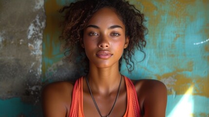 Fototapeta premium A Young Woman with Necklace and Orange Tank Top., Portrait of a Beautiful Girl in an Orange Shirt., A Striking Image of a Woman with Brown Hair and Red Lips., 
