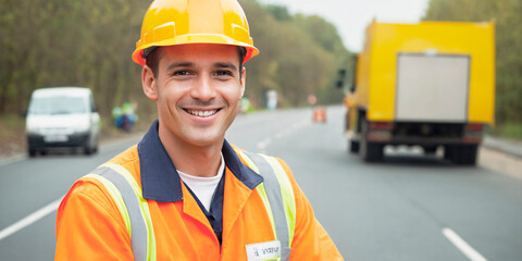 A diligent road repair worker, clad in a high-visibility safety vest, stands against the backdrop...