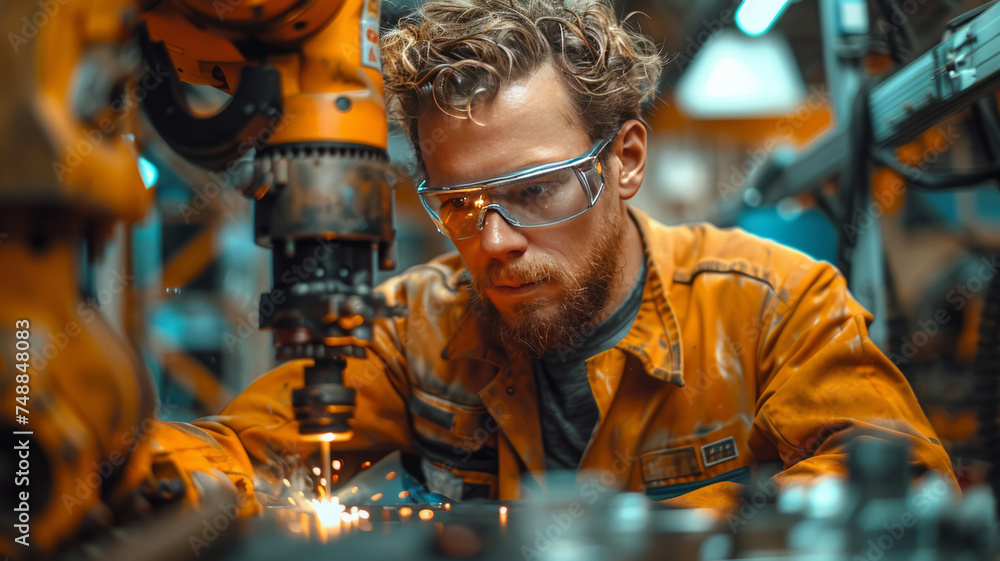 Poster engineer check and control welding robotics automatic arms machine in intelligent factory,generative