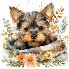 Yorkshire Terrier Puppy Illustration with Flowers, PNG Transparency.