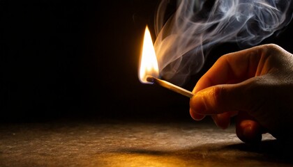 A hand holding a match lighting in darkness, flame firing