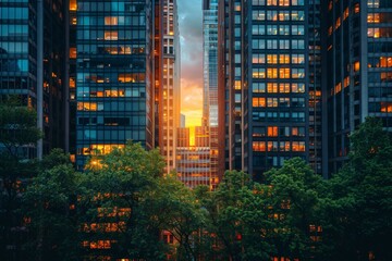 A sliver of sunset light shines through the gap between modern city buildings, casting a warm glow on the urban forestry