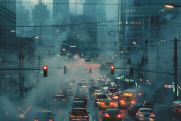 Urban traffic congestion with exhaust fumes pollution. Environmental and transportation concept.