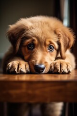 Portrait of a cute little brown puppy lying on a wooden table