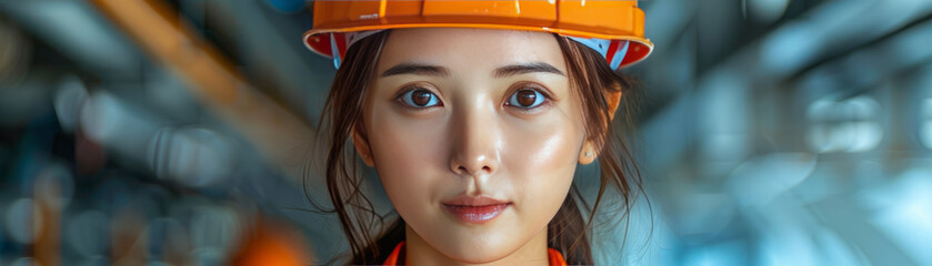 Asian working woman wearing safety helmet on white background with copy space. Female engineer, technician, supervisor,generative ai