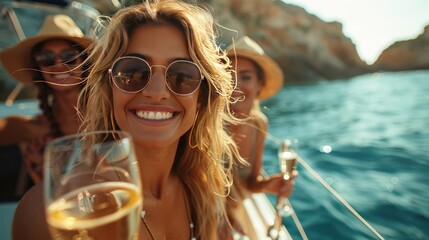 Group of diverse friends drink champagne while having a party in yacht. Attractive young men and women hanging out. - obrazy, fototapety, plakaty