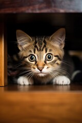 Cute tabby bengal kitten looking at camera from under wooden table