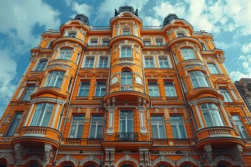 This image captures the intricate details of an ornate baroque style building with striking orange facade under a clear blue sky