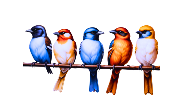 Front view of a flock of birds are on the branch, isolated on transparent background, png.