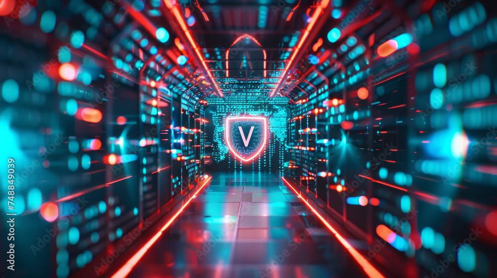 Poster secured data tunnel in cybersecurity network, vpn virtual private network protocol concept, hologram
