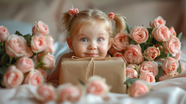 A little girl surrounded by flowers giving a gift to her mother for Mother's Day