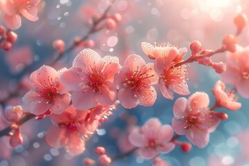 A close-up of delicate cherry blossoms with water droplets glistening in soft light