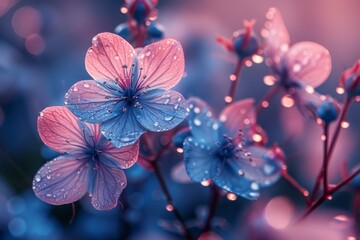 Striking blue blooms covered in water droplets radiate against a soft blue background for a refreshing feel
