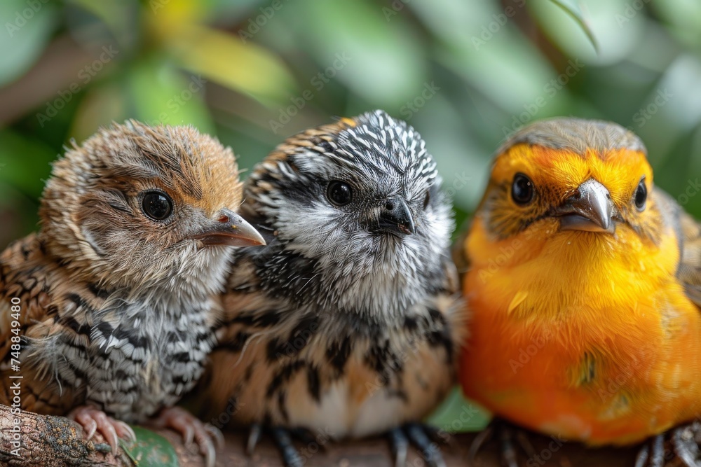 Aufkleber three unique birds with varying plumage colors and patterns perched side by side on a branch, showca