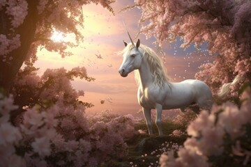 Unicorn in a blooming cherry blossom landscape at sunset.