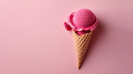 Cono de helado de fresa o frambuesa  sobre un fondo rosa claro
