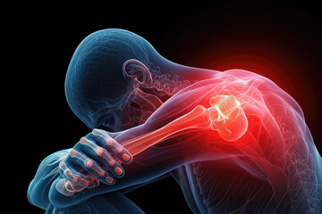 Obraz premium X-ray illustration of a human skeleton with a glowing, painful shoulder joint, suitable for orthopedic, medical diagnostics, and health care related materials. High quality illustration