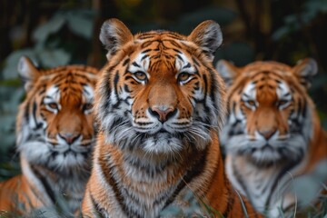 The compelling gaze of three tigers, lined in a row, boasts a powerful and captivating wildlife portrait