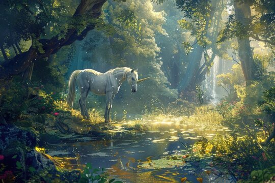White unicorn standing by a magical forest pond with sunbeams.