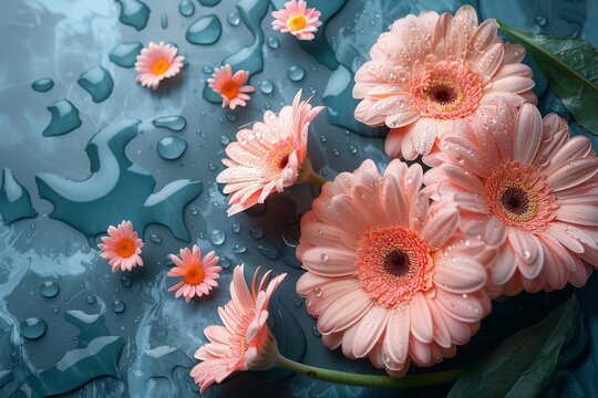 Close-up image of pink daisies with fresh water droplets on them alongside green leaves providing a refreshing view