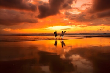 Two surfers walking along the beach at dusk, under a red sky afterglow