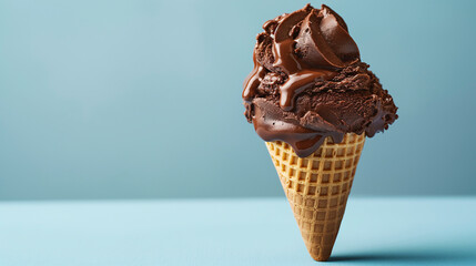 Cono de helado de chocolates sobre un fondo azul claro
