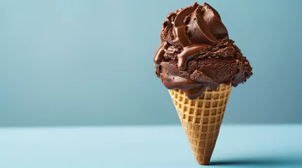 Fotobehang Cono de helado de chocolates sobre un fondo azul claro  © VicPhoto
