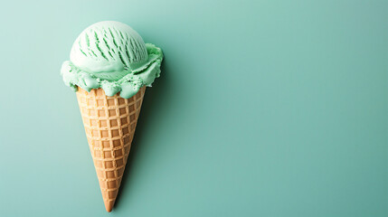 Cono de helado de menta sobre un fondo verde claro
