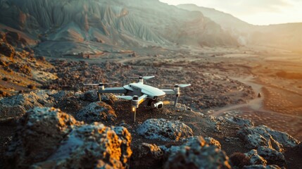 Drone on a rocky surface at sunset with mountains in the background.