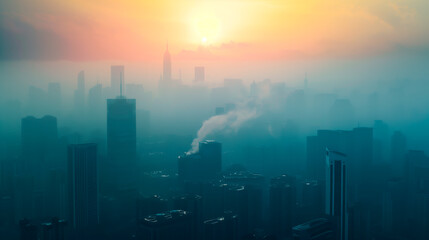 City skyline enveloped in smog at sunrise, air pollution concept.