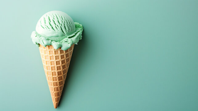 Cono de helado de menta sobre un fondo verde claro

