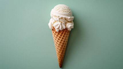 Cono de helado de nata sobre un fondo verde claro
