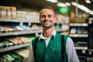Fototapeta premium Smiling person working in supermarket grocery store department Generative Ai picture