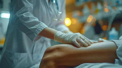 Fotobehang close-up doctor standing beside the patien bed and use hand wear medical glove touching swell knee of patien lie down on bed in clinic,generative ai © JKLoma