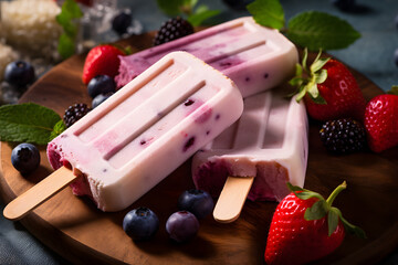Food Wooden cutting board with plantbased ice cream and fresh strawberries