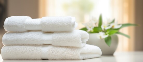 A stack of clean white towels neatly arranged on top of a table. The towels are made of spa-quality cotton, suitable for use in bathrooms, hotels, and massage parlors,