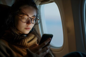 woman traveling on a plane using his mobile phone