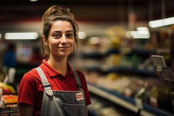 Smiling person working in supermarket grocery store department Generative Ai picture