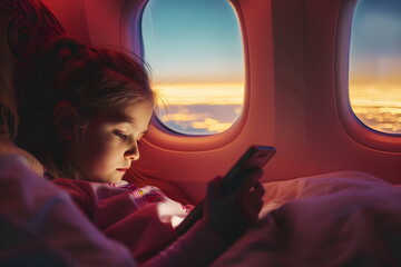 child girl traveling on a plane using his mobile phone