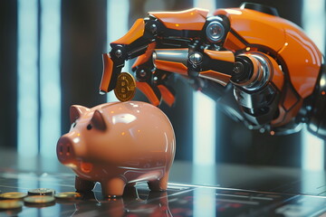 A robot hand placing bitcoin in a piggy bank